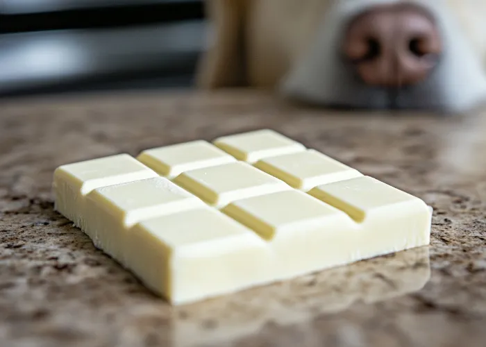 White chocolate bar on table with dog in background