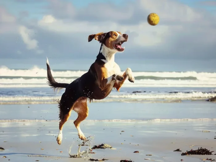 Service dog playing fetch with a ball on the beach